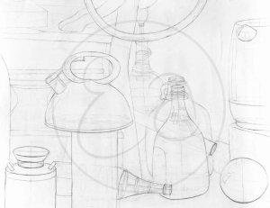 Ellipse still life with kettle, wine bottles, and other elliptical objects
