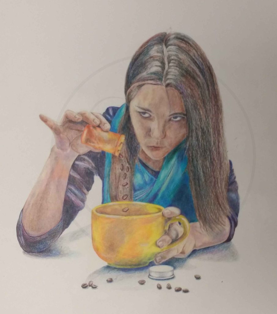 Caffeine addiction editorial drawing, girl pours coffee beans into a yellow cup