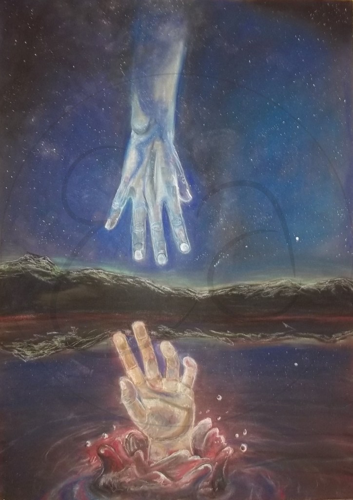 Surrealist hand painting one reaches out of a lake towards another hand in the sky