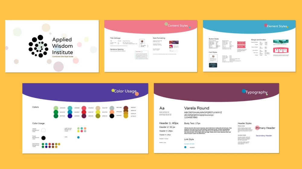 Applied wisdom institute brand guide showing colors, typography and more