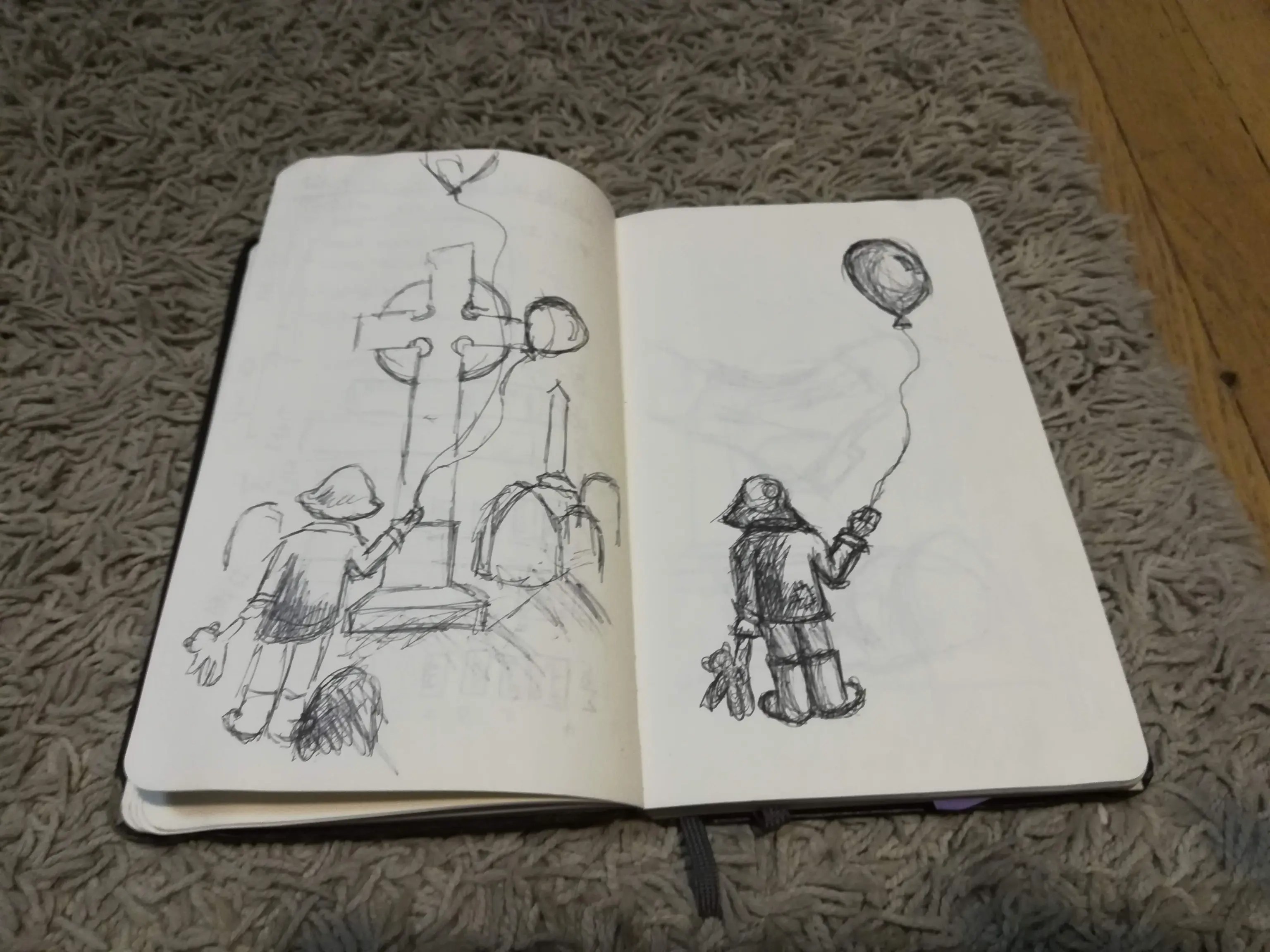 Sketches of boy in cemetery in preliminary illustration